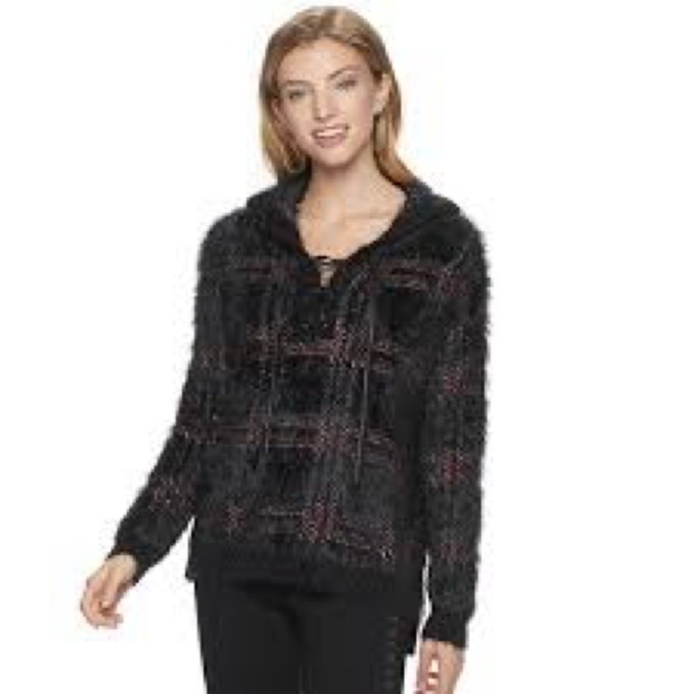 Rock & Republic Sweater Black Red Plaid Furry Hooded Cozy Goth Hoodie XXL NEW